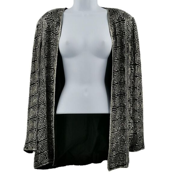 Vintage Theo Miles Heavy Silver & Black Beaded JacketSquare Maze Pattern
